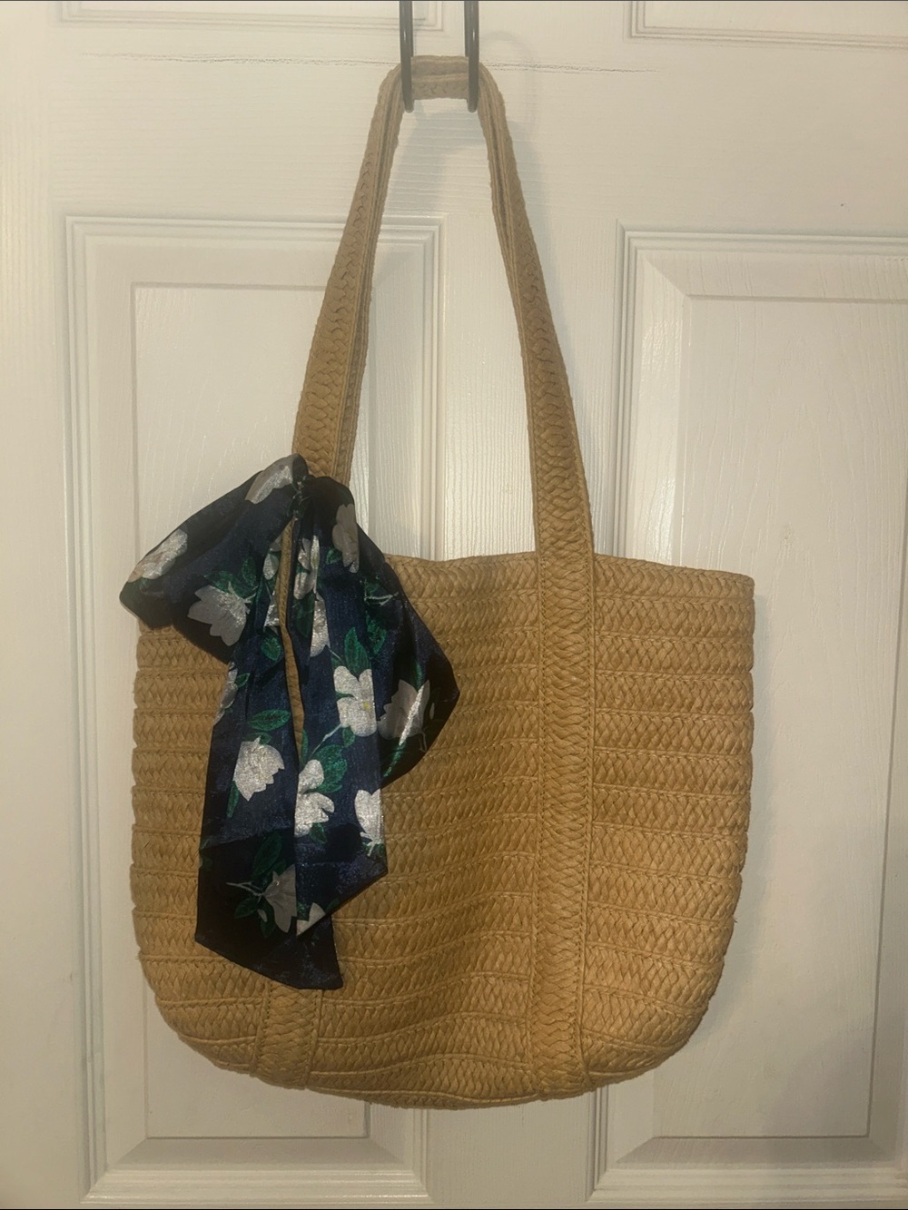Draper James Woven Straw Tote Bag with Navy Floral Scarf Accent